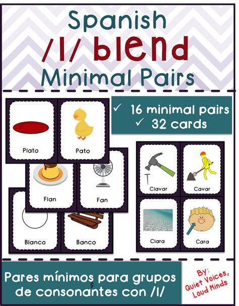 Enjoy minimal pair therapy with this pack of 16 Spanish minimal pair sets, for 32 cards total of ...