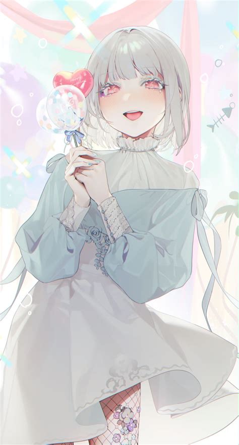 An Anime Girl With White Hair Holding A Lollipop