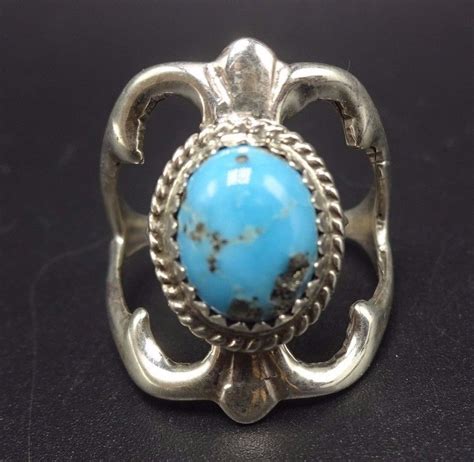 Vintage Navajo Sand Cast Sterling Silver Morenci Turquoise Ring Size