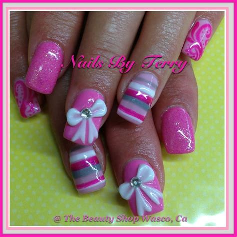 3 D White Acrylic Bow With Pink Gels By Terry Acrylic Nails Cute