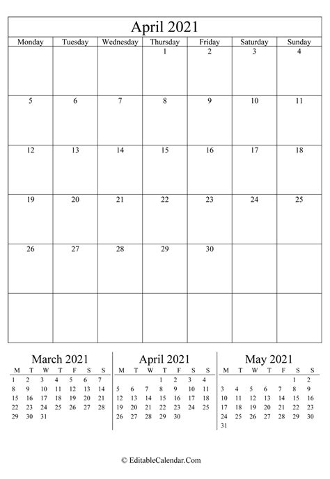 Download April 2021 Editable Calendar Portrait Word Version