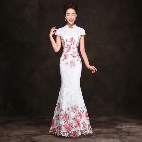 White Lace Long Fishtail Oriental Evening Cheongsam Dresses Banquet