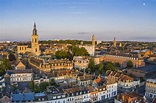 France, Nord, Cambrai, Aerial view of city at dusk stock photo