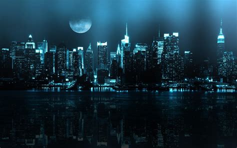 New York Blue Neon Lighting Of The City Night View Hd