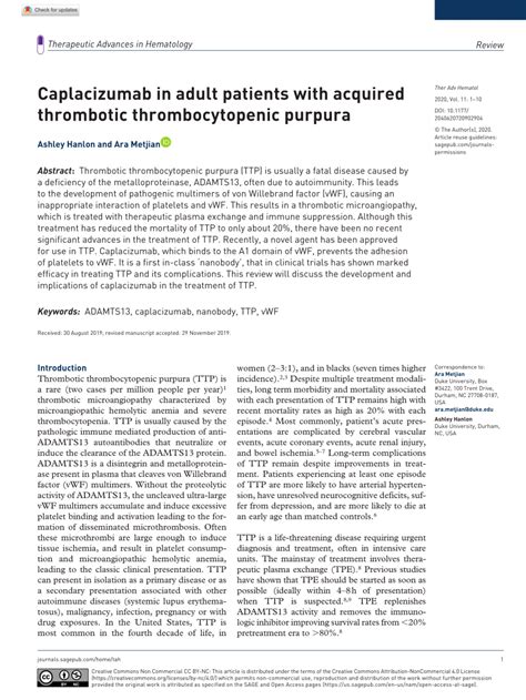 pdf caplacizumab in adult patients with acquired thrombotic thrombocytopenic purpura