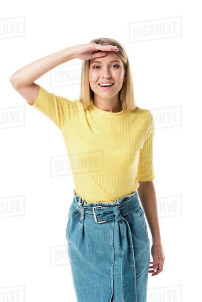 Attractive Young Woman Holding Hand On Forehead And Smiling At Camera