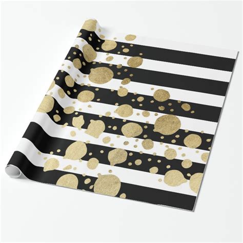 Faux Gold Paint Splatter On Black And White Stripes Wrapping Paper Zazzle
