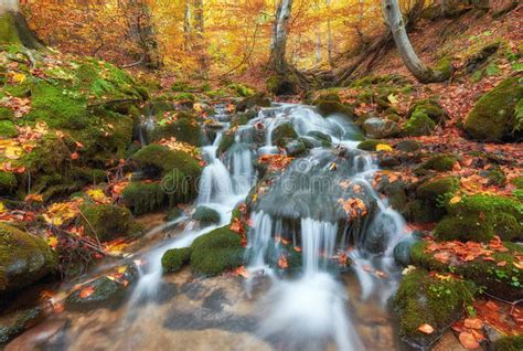 Beautiful Waterfall At Mountain River In Colorful Autumn Forest With
