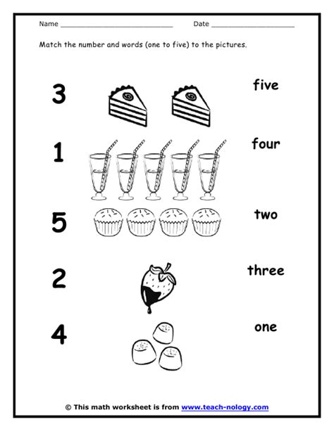 Matching Words And Numbers Numbers 1 To 5