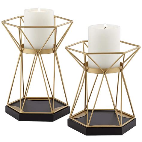 Symmetry Matte Gold Pillar Candle Holders Set Of 2 91h60 Lamps Plus