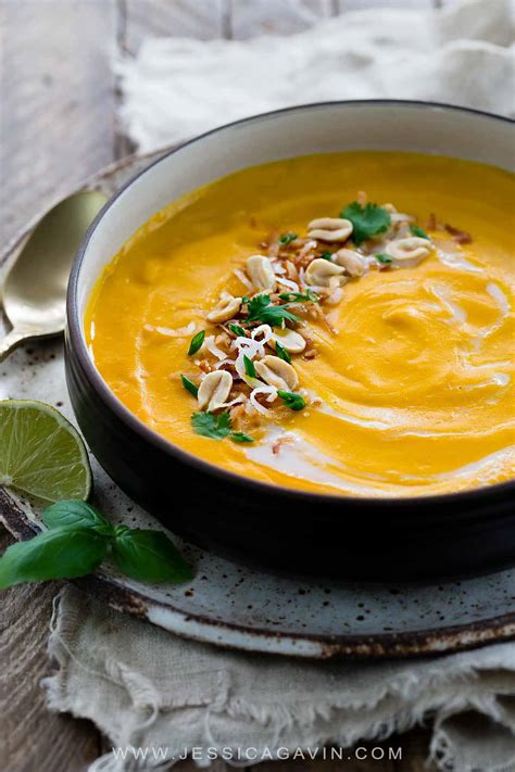 Serve with fresh thai basil, cilantro and lime juice. Thai Coconut Soup with Sweet Potato - Jessica Gavin