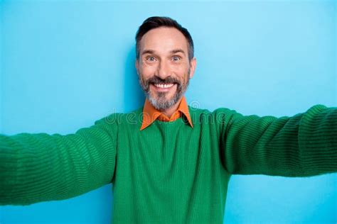 Photo Portrait Of Mature Attractive Male Take Selfie Toothy Beaming Smile Wear Trendy Green