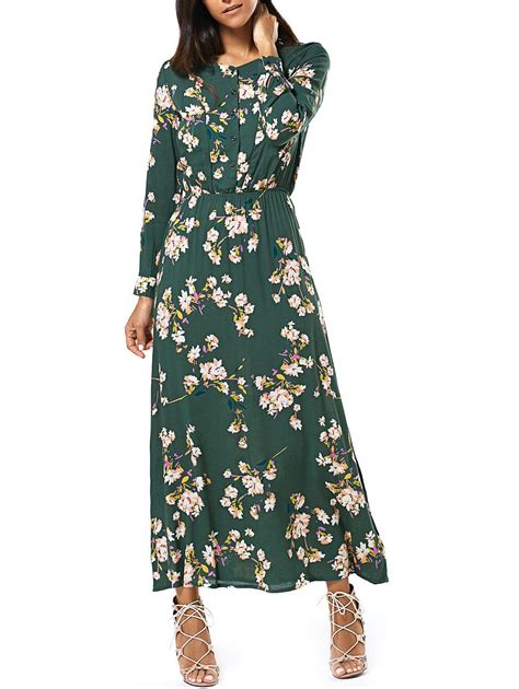 Green M Long Sleeve Buttoned Floral Print Womens Maxi Dress