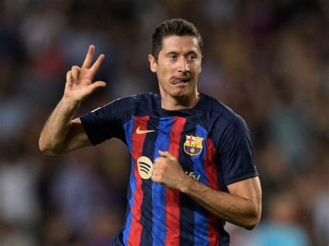 Barcelonas Robert Lewandowski Celebrates Scoring Their Fourth Goal To