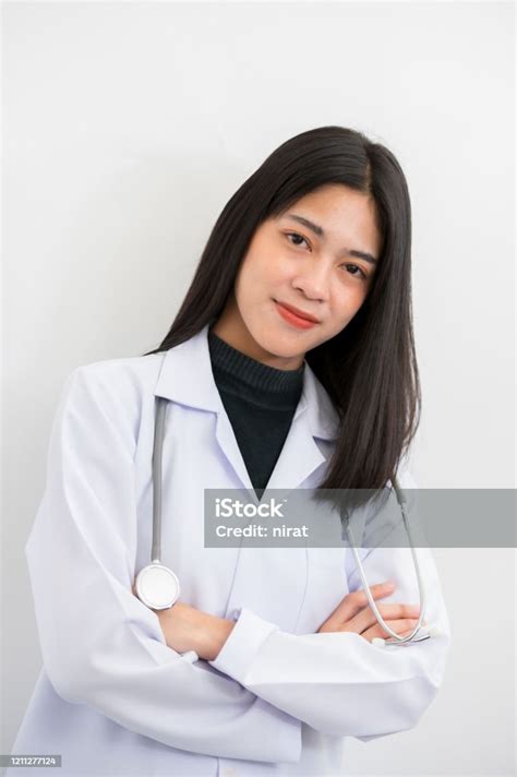 Portrait Asian Female Doctors Wear White Glue On White Isolate