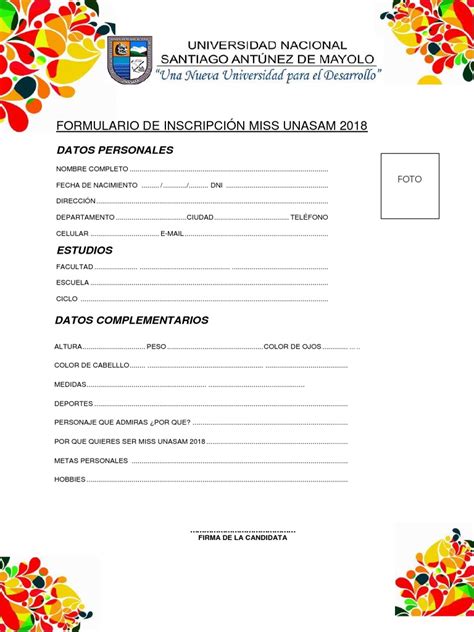 Formulario De Inscripción Miss Unasam 2018