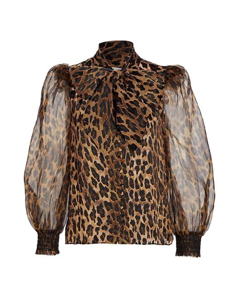 Alice Olivia Silk Brentley Leopard Print Tie Neck Blouse In Spotted