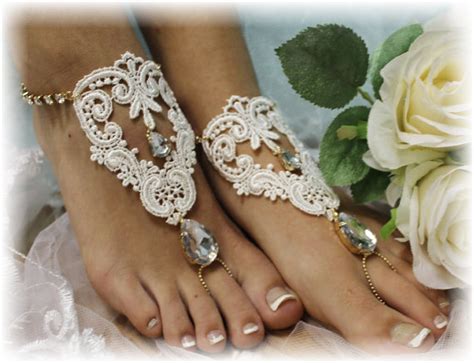 romantic gold rhinestone ivory lace barefoot sandals beach wedding sandles footless barefoot