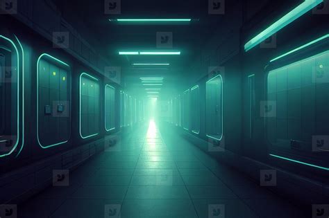 Abstract Sci Fi Futuristic Hallway Dark Room In Space Station Wi
