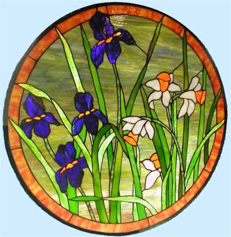 Irises Daffodils Circular Stained Glass Window Custom Glass Design