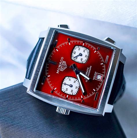 the beautiful red dial of the second monaco 50th anniversary watch by inlovewithwatches
