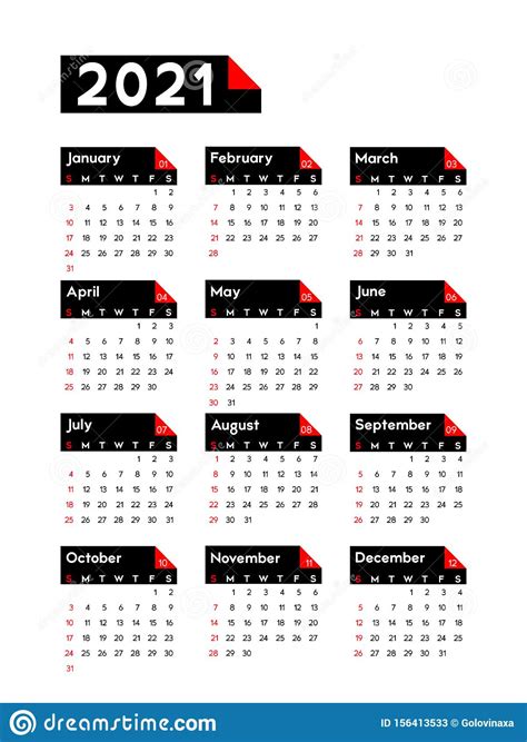 Calendario 2021 La Semana Comienza El Domingo Ilustración Del Vector