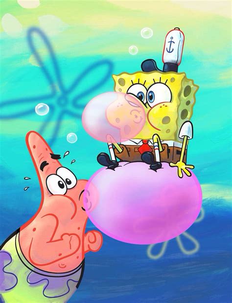 Sponge Bob And Patrick Blowing Bubbles With Pink Bubble Gum Art Spongebob