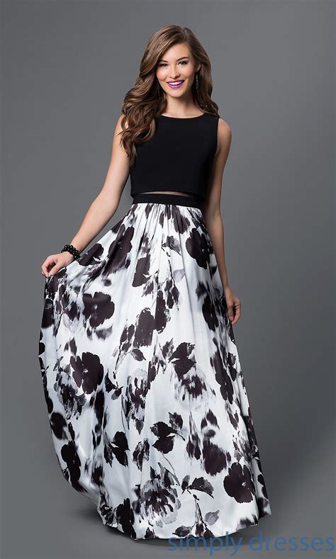Mock Two Piece Floral Print Black And White Dress Formal Prom And Gowns