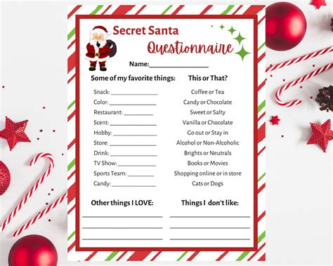 Secret Santa Questionnaire Printable Secret Santa Form Secret Santa