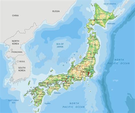 The country of japan consists of several fairly mountainous islands, which are often referred to as the japanese archipelago. High Detailed Japan Physical Map. Stock Vector ...