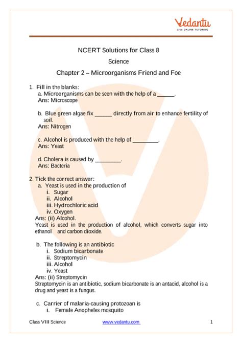 Ncert Solutions For Class 8 Science Chapter 2 Microorganism Friend And