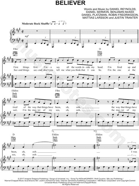 Imagine Dragons Believer Sheet Music In F Minor Transposable