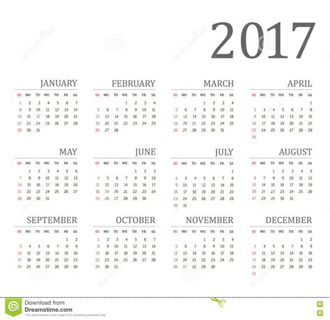Vector Simple 2017 Year Calendar Stock Vector Illustration Of