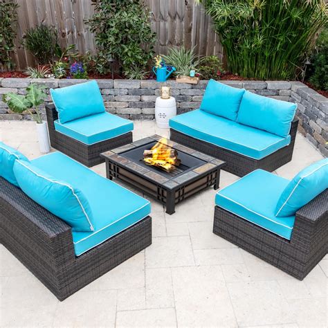 Gentilly 5 Piece Wicker Patio Fire Pit Sectional Set W Sunbrella