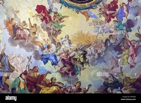 Beautifully painted fresco of angels in heaven on the ceiling of the
