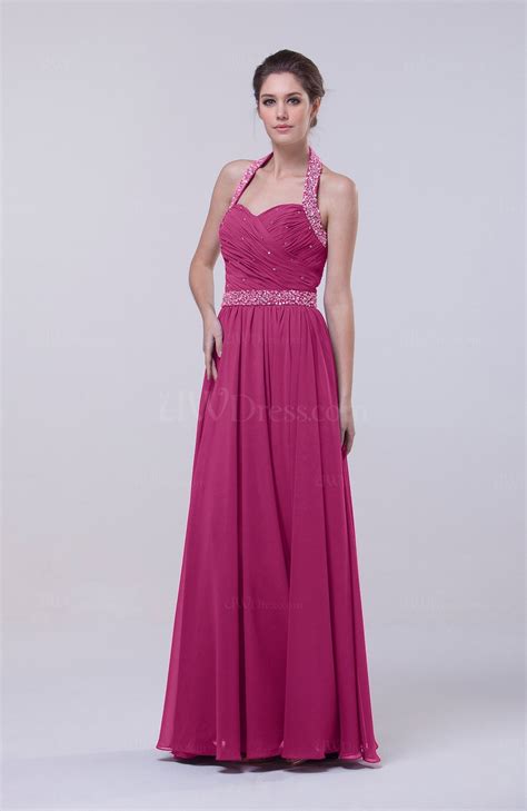 Hot Pink Elegant Column Halter Zip Up Chiffon Prom Dresses