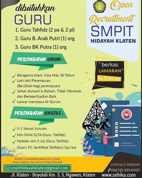 Setiap lowongan kerja telah difilter sedemikian rupa sehingga dapat meminimalisir informasi lowongan kerja palsu yang berujung pada penipuan. Lowongan Guru SMPIT Hidayah Klaten Juni 2020 Guru Tahfidz ...