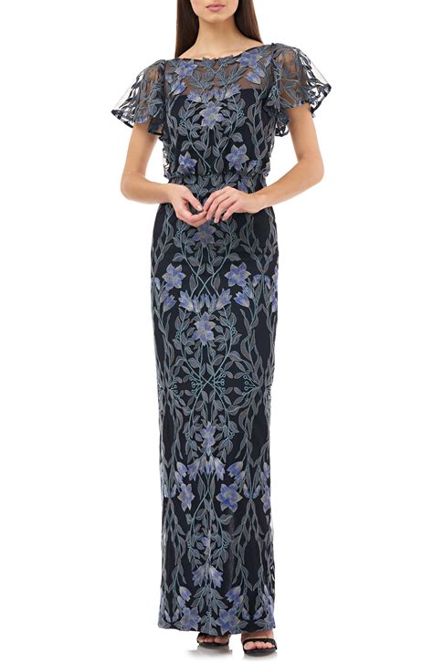 Js Collections Illusion Embroidered Blouson Evening Gown In Blue Save