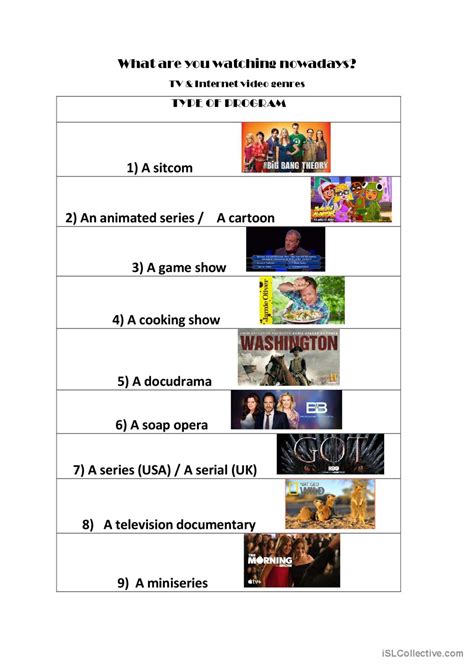 Tv Series And Video Genres Picture English Esl Worksheets Pdf And Doc
