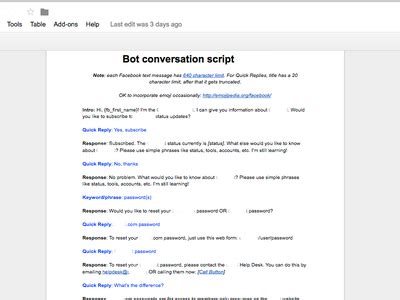 Contribute to windfell/fafafa development by creating an account on github. Facebook Messenger Chatbot - Conversation Script by Grant ...