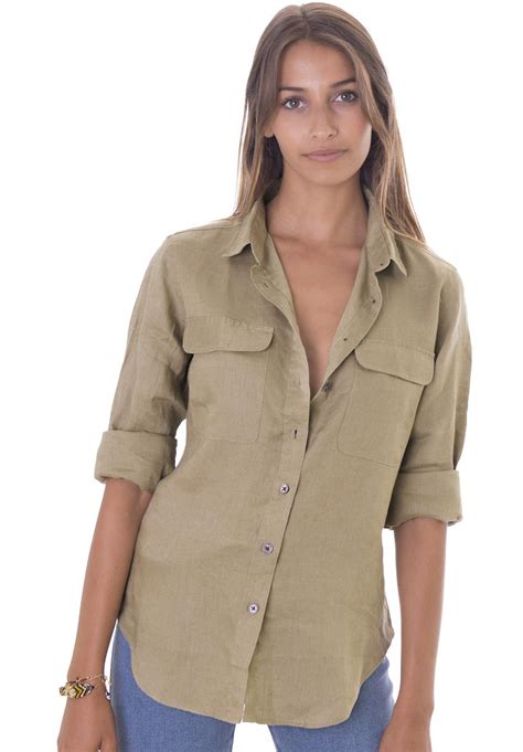 Lete Khaki Relaxed Linen Shirt With Pockets CAMIXA Shirts Linen Shirts Women Outfits Shirt