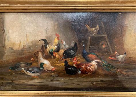 19th Century French Oil Chicken Painting In Gilt Frame Signed C