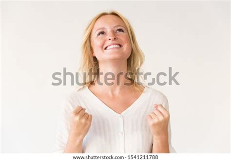 Zdjęcie stockowe Excited Woman Shaking Fists Portrait Beautiful