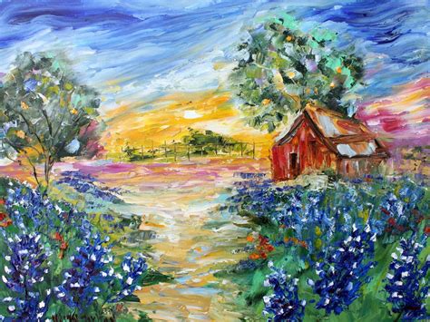 Bluebonnets And Barn Blue Flower Painting Texas Art Original Oil On