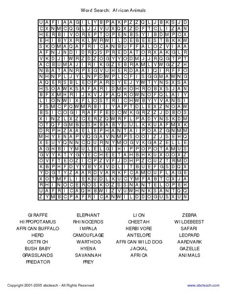 African Animals Word Search Difficult Worksheet For 3rd