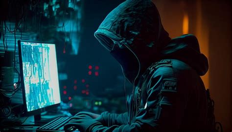 Premium Photo Hooded Hacker In Front Of A Computer Cyberwar Generative Ai
