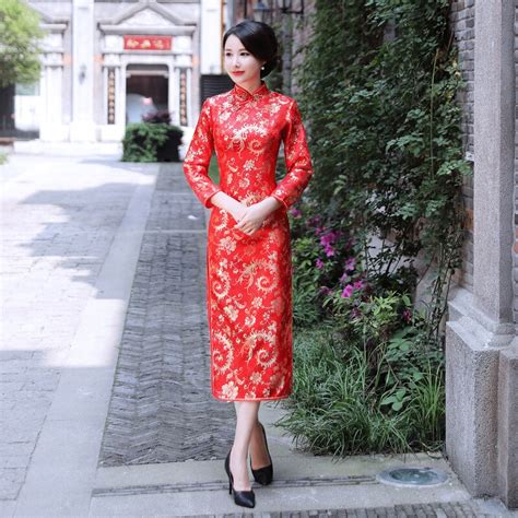 Sexy Red Women Long Sleeve Tight Cheongsam Novelty Vintage Chinese