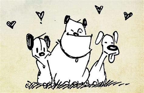 A Drawing Of Two Dogs And A Dog In The Grass With Hearts Flying Above Them