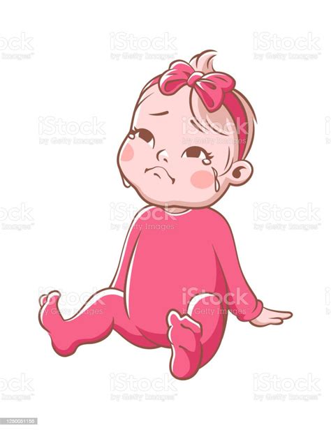 Crying Baby Girl Cartoon Sad Toddler In Pink Sitting On White