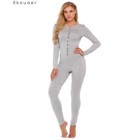 Ekouaer Adult Onesie Pajama Set Women Long Sleeve Solid Slim Sleepwear